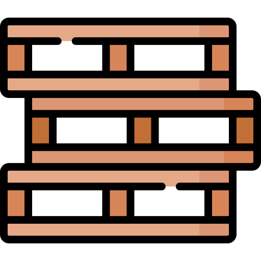Wooden pallet icon with three horizontal slats and nine supporting blocks, depicted in a simplified, brown and orange color scheme.