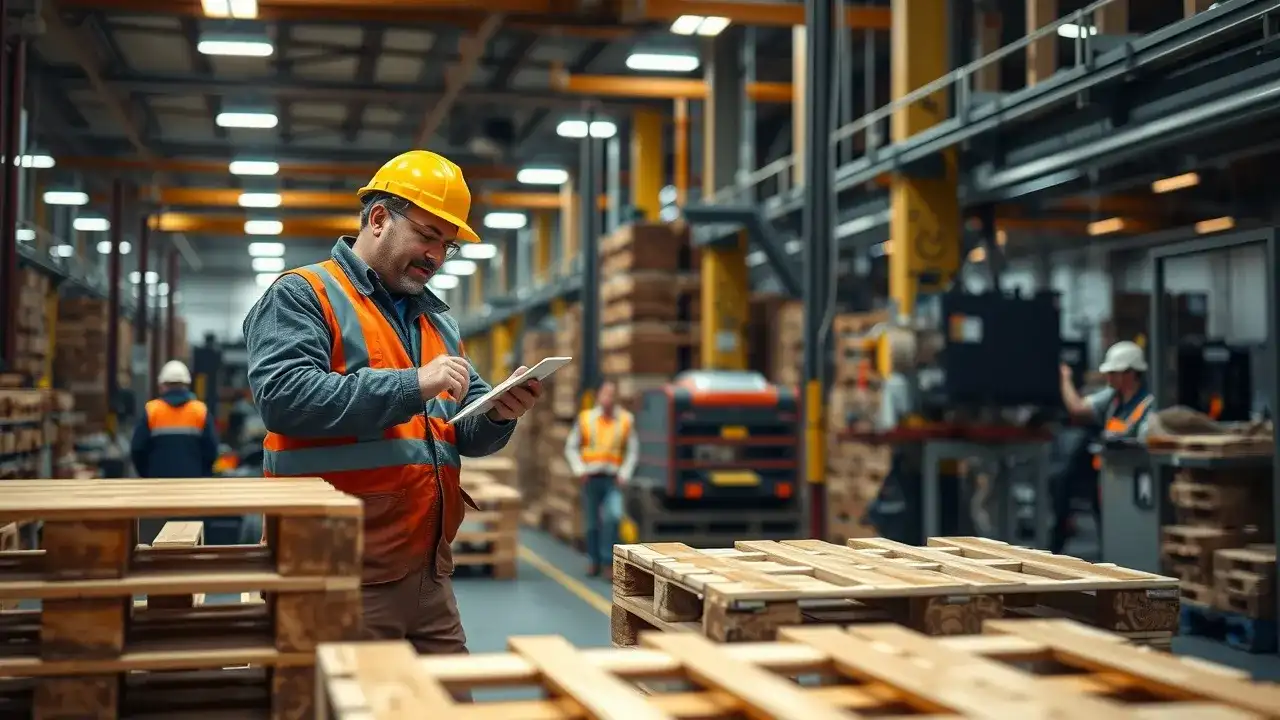 Man in a hard hat and reflective vest uses a tablet near wooden pallets in a warehouse; other workers and machinery are visible in the background.