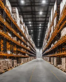 Large warehouse interior with tall shelves stacked with boxes and pallets, creating wide aisles for movement and storage.