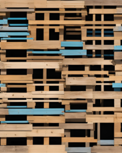 Wooden slats of various shades, including brown and blue, arranged in a layered, geometric pattern with gaps that enhance pallet-type design for improved warehouse efficiency.