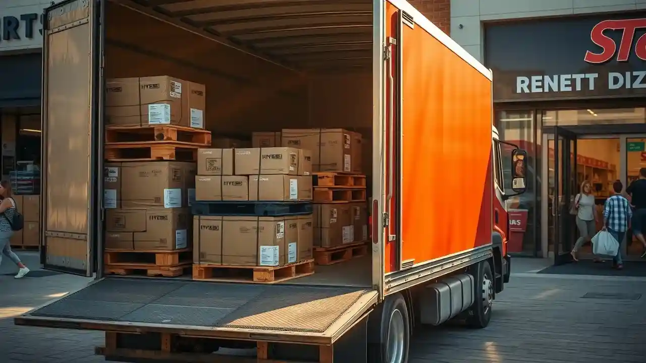 A delivery truck with an open back is loaded with stacked cardboard boxes on wooden pallets, parked outside a commercial building.