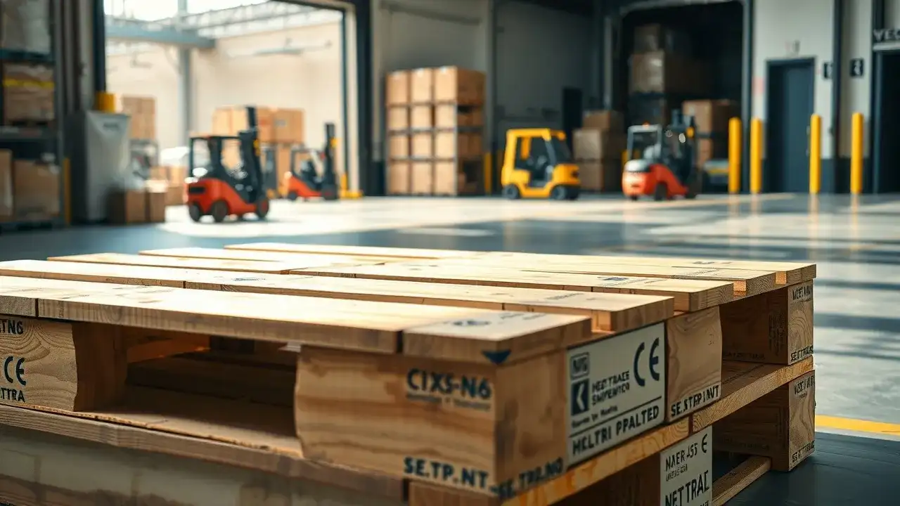 Wooden pallets stacked in the foreground of a warehouse, with forklifts and boxes visible in the background—an ideal scene for any pallet supplier Surrey trusts.