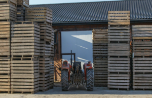 A red tractor is parked between stacks of wooden crates—akin to those featured in the Top 10 Benefits of Heat-Treated Pallets for Vancouver Exporters—in front of a building with a tiled roof.