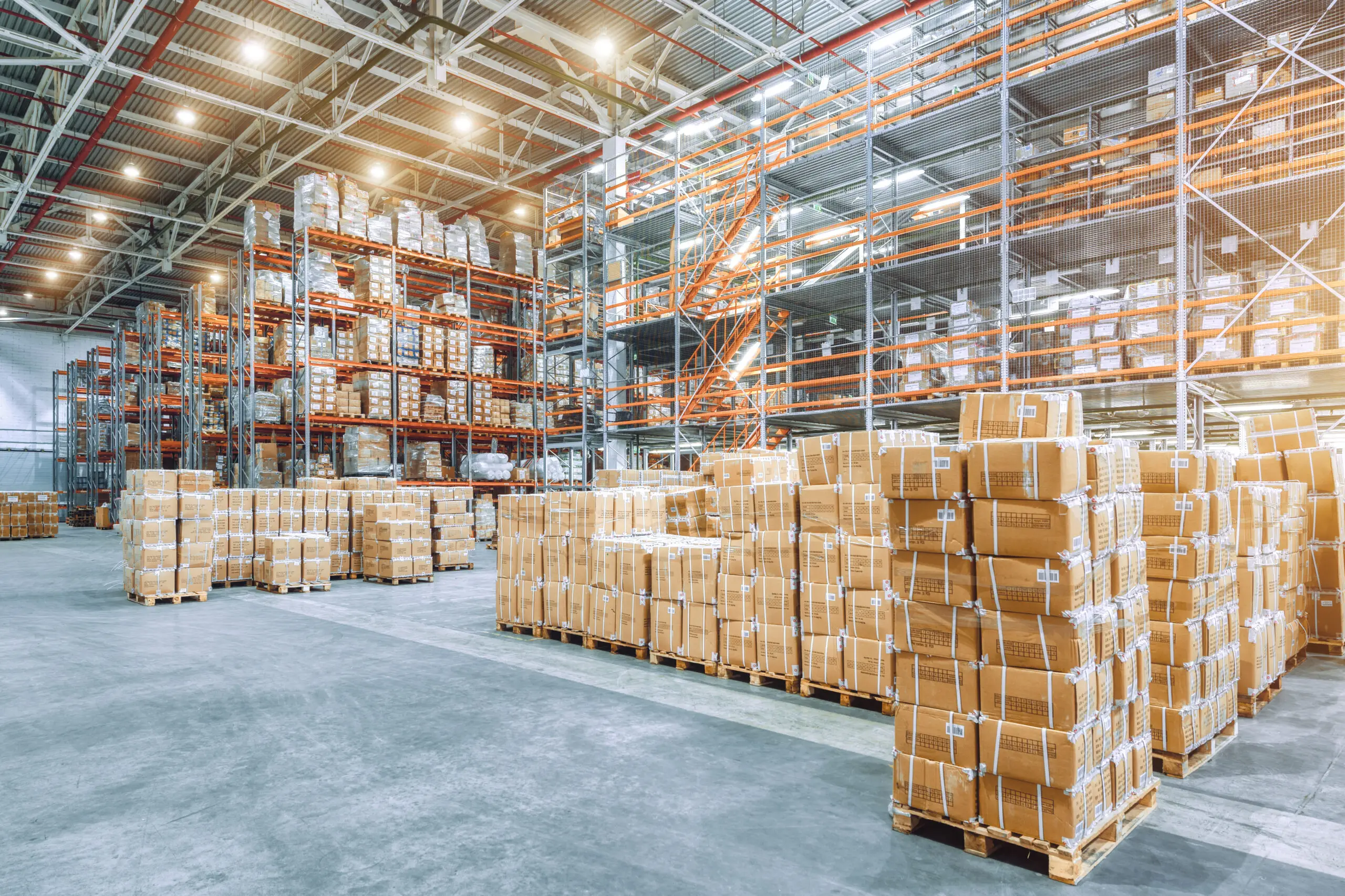 Spacious and organized large warehouse with tall metal shelves filled with boxes and pallets of goods—ideal for a Pallet Company in Surrey; many stacked cardboard boxes line the floor, illuminated by bright overhead lighting.