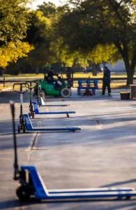 Several pallet jacks line a paved outdoor area; a person operates a forklift near stacked pallets, highlighting the efficient workflow of a company that offers custom pallet delivery, with trees and sunlight in the background.