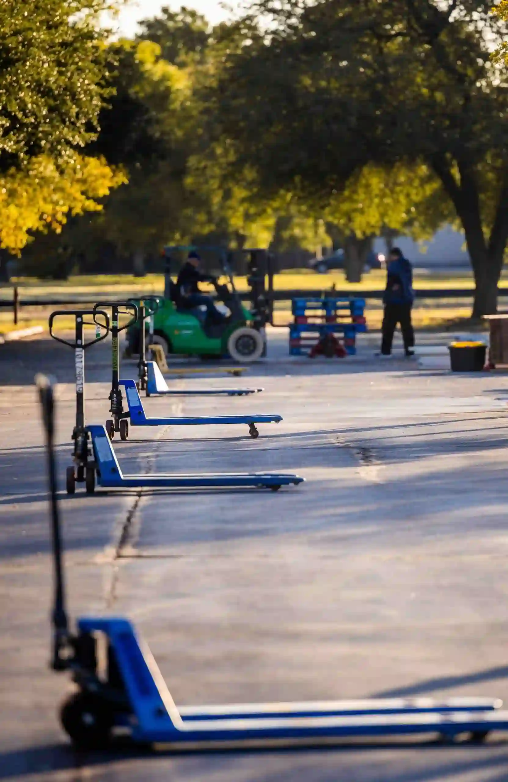 Several pallet jacks line a paved outdoor area; a person operates a forklift near stacked pallets, highlighting the efficient workflow of a company that offers custom pallet delivery, with trees and sunlight in the background.