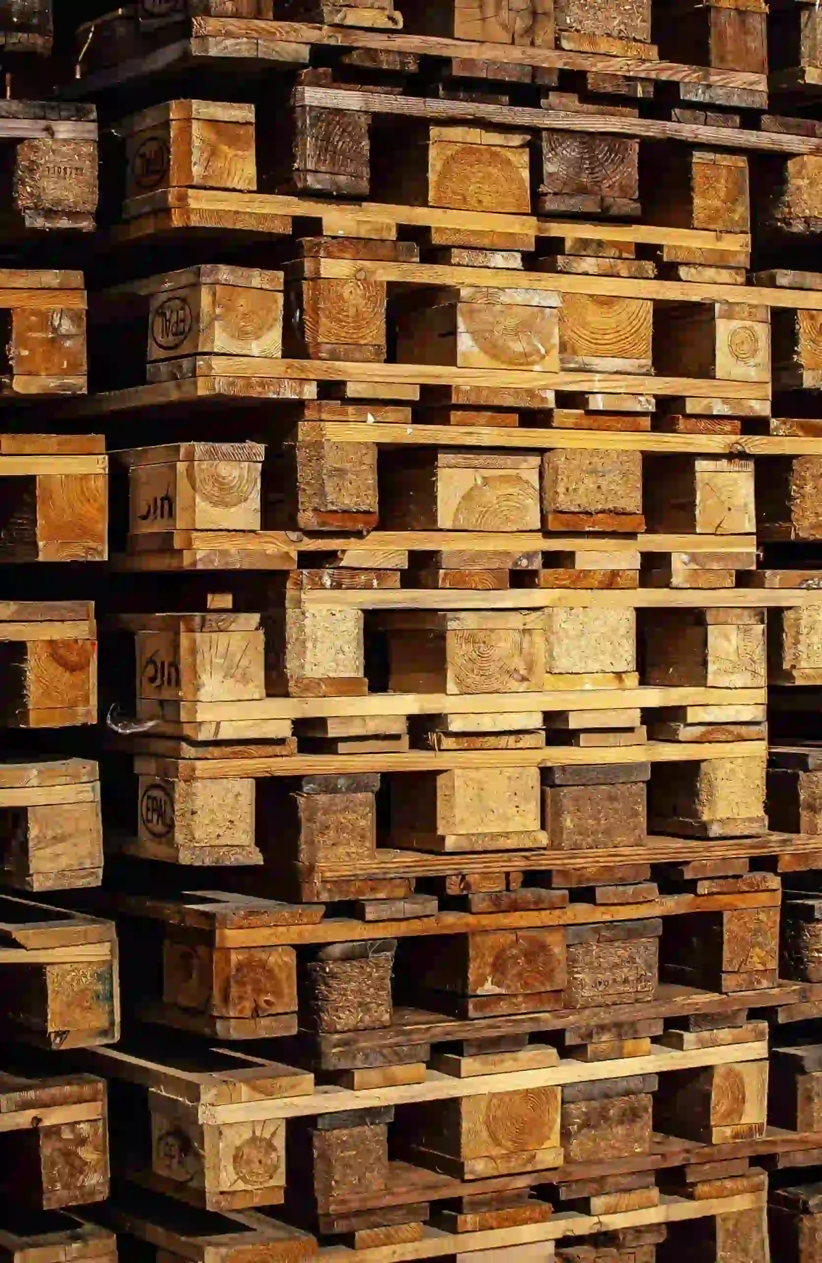A large stack of heat-treated pallets is arranged in an orderly, vertical formation.
