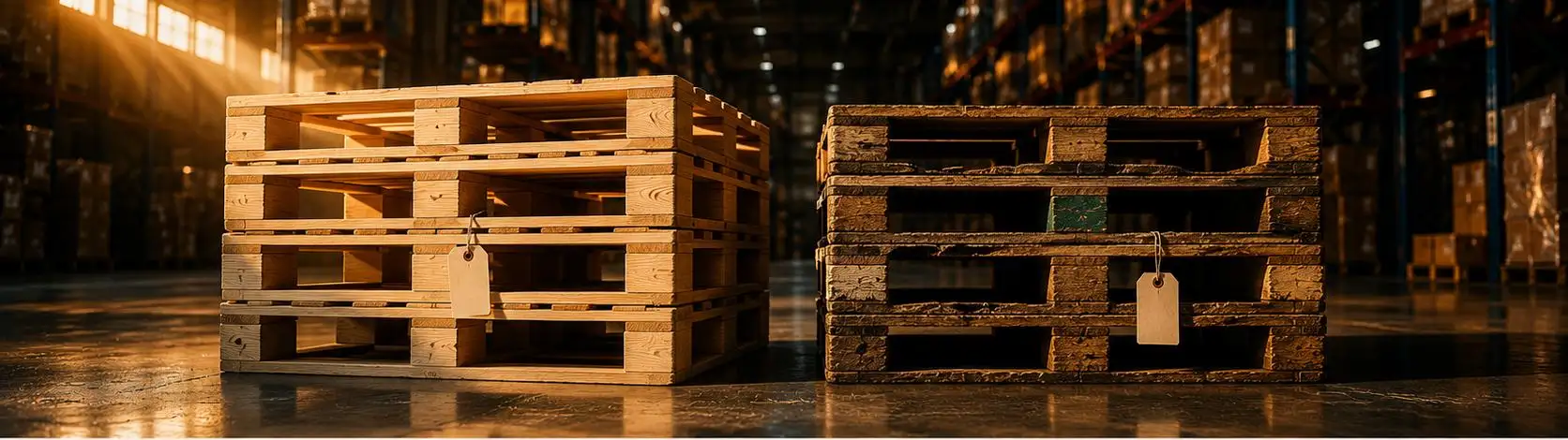 Two wooden pallets, one new and one old, with tags attached, are placed side by side on a warehouse floor with shelves in the background—a typical scene for a Pallet Company in Surrey.