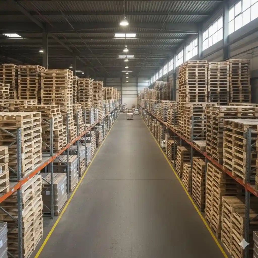 Warehouse interior with tall shelves stacked with wooden pallets on both sides of a wide central aisle, under bright overhead lighting—a glimpse into the efficient operations of a leading Pallet Company in Surrey.