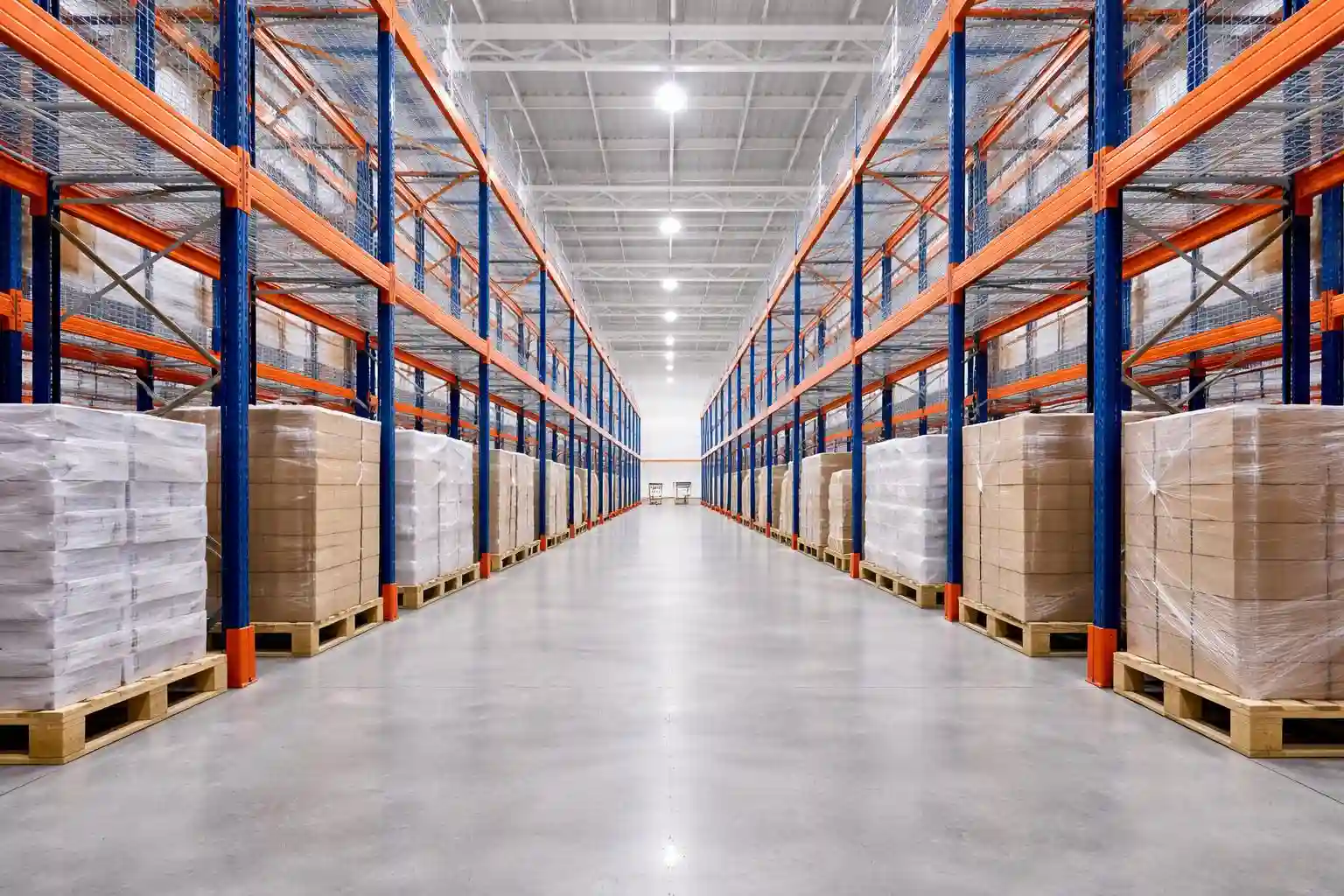Warehouse interior with tall storage racks on both sides, pallets of boxed goods wrapped in plastic from a reputable pallet company in Surrey, and a wide, empty concrete aisle running down the center.