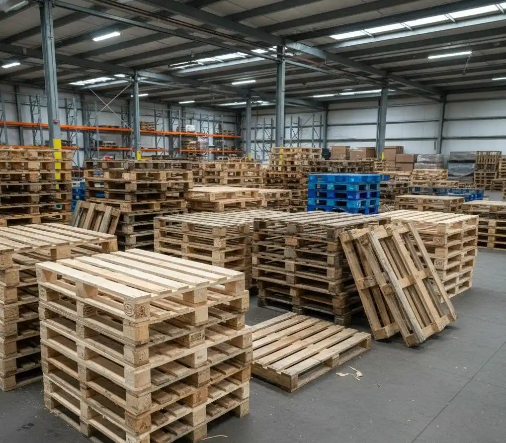 Stacks of wooden pallets are arranged throughout a large warehouse with high ceilings and industrial lighting. Some blue pallets are also visible among the stacks, reflecting the organized operations typical of a reputable pallet company in Surrey.