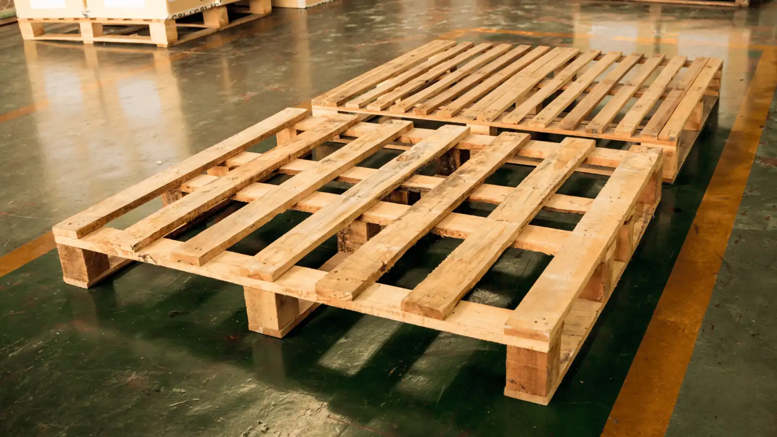 Two empty wooden shipping pallets sit on a glossy industrial floor with yellow safety markings.