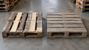Two wooden pallets sit side by side on a smooth concrete floor; the left pallet is mixed color, the right pallet is more uniformly gray.