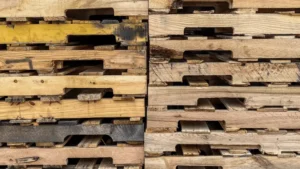 A close-up view of stacked wooden pallets in two uneven vertical columns, showing various wood textures and grain patterns.