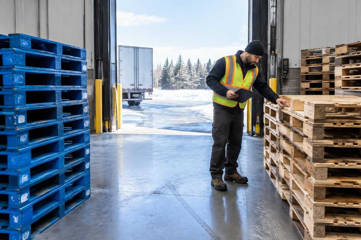 Worker inspecting natural wood pallets beside a separate stack of blue pallets