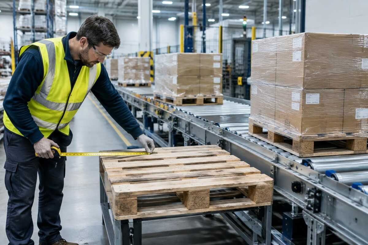 Warehouse worker measuring a wood pallet beside a roller conveyor
