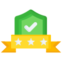 Green shield icon with a white checkmark above a yellow banner featuring three stars.